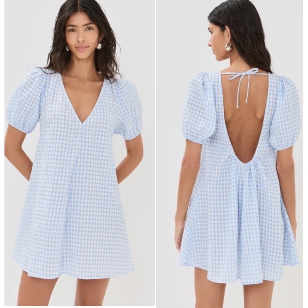 STAUD XS Marsh Mini Dress Blue White Gingham Seersucker Open Back Puff Sleeve